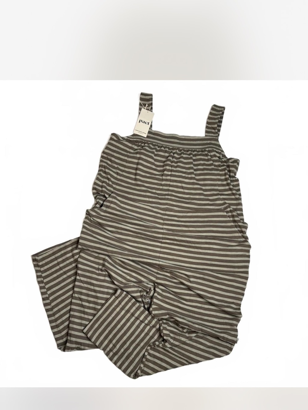 Pact Olive and White Striped Cotton Jumpsuit